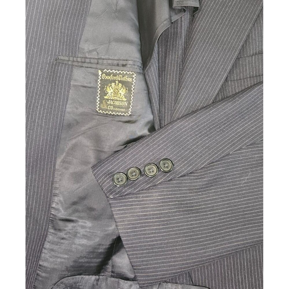 Vntg OXXFORD Winter Wight Deep Blue Striped Flat Front USA Suit 42L *Pristine*